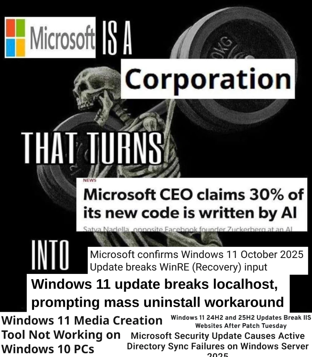 Meme of a skeleton doing deadlifting that reads: Microsoft is a corporation that turns “Microsoft CEO claims 30% of its new code is written by AI” into *tons of headlines pointing out several problems with windows 11