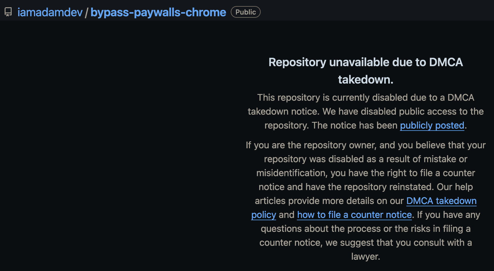 screenshot showing the repository for bypass-paywalls from iamadamdev being disabled by DMCA abuse