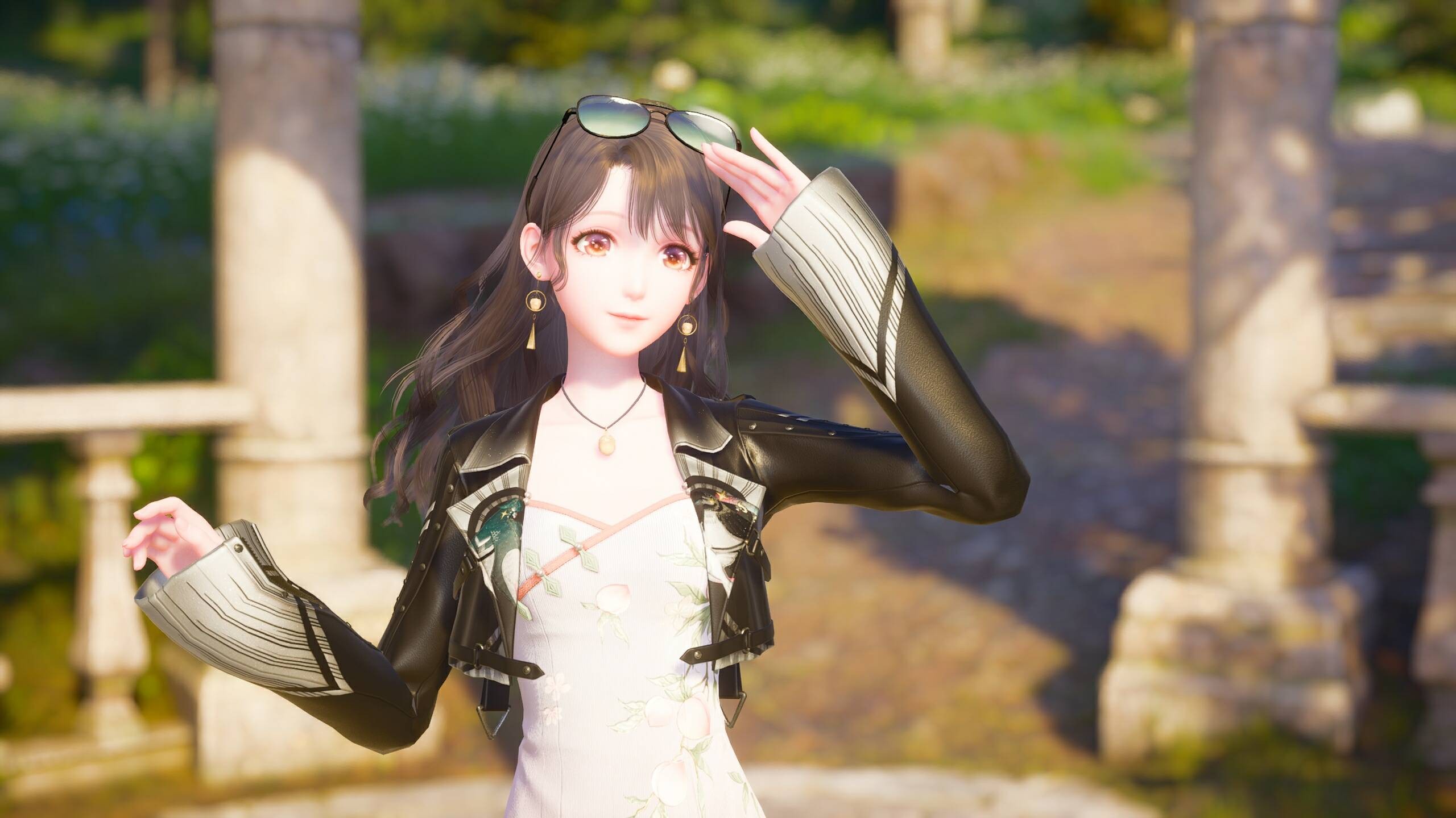 Screenshot from Infinity Nikki of the titular Nikki wearing a pink dress with a black jacket. 