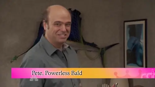 Pete Hornberger (from 30 Rock) with the chyron reading "Pete, Powerless Bald"