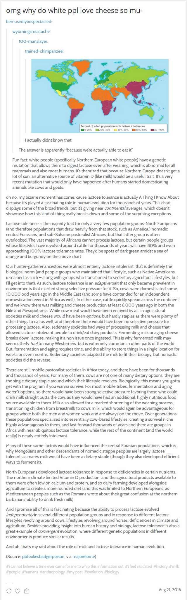 Very long and ancient Tumblr explanation of lactose intolerance as an adaptive trait developed by sedentary North European societies that could raise cows in response to vitamin D deficiencies.