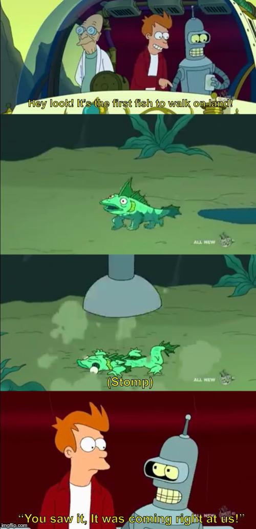 Futurama scene where bender steps on a fish walking out of the water