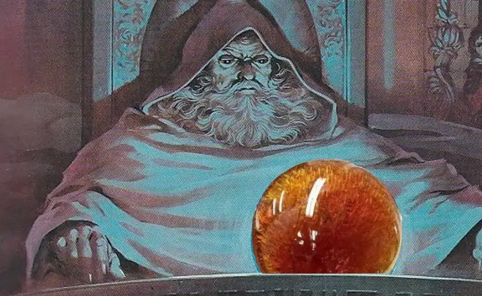 A wizard pondering an orb made out of 3000 grams of cannabis oil