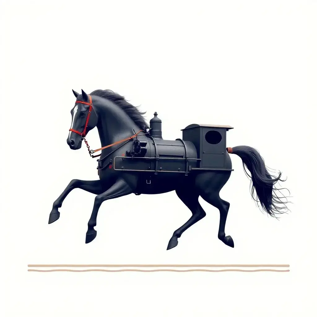 Image with seed 2269799376 generated via AI Horde through @aihorde@lemmy.dbzer0.com. Prompt: a galloping horse whose body is a coal locomotive train from the 19th century 