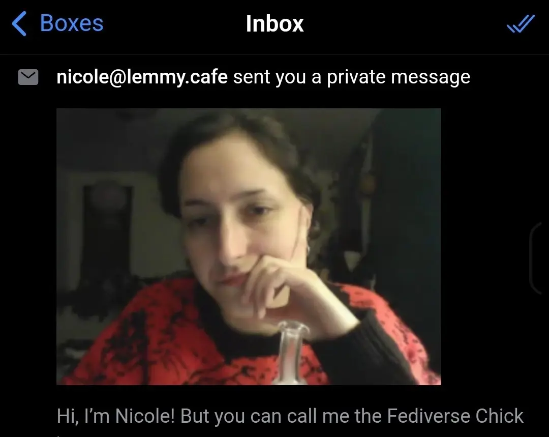 Screenshot of my Lemmy inbox. It's a message from a woman saying:"Hey I'm Nicole! But you can call me the fediverse chick"