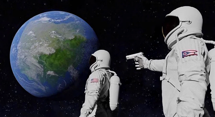 an astronaut pointing a gun at their colleague, with earth in the background. ( "always has been" meme template, no text)