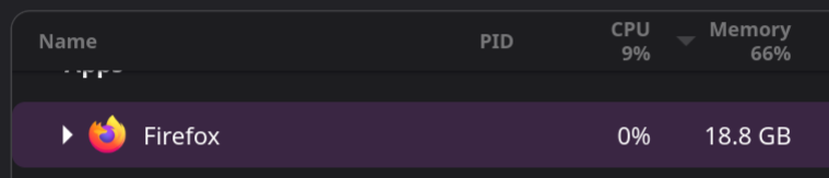 screen shot of memory usage by app, showing Firefox using over 18GB of RAM