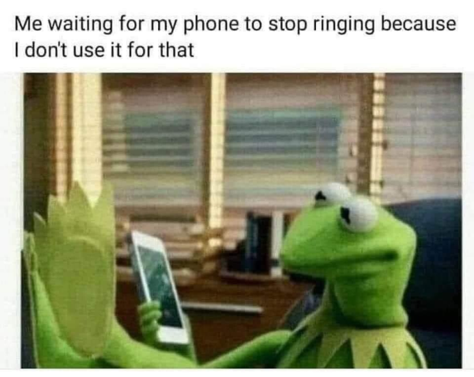 A photograph of the hand puppet "Kermit the frog" inside an office with a smart phone. There is text above the photograph. Kermit is implied to be sitting on a computer chair, casually resting his legs up as if leaning them on a desk. Kermit is holding the phone and looking at it's screen. The text above reads, "me waiting for my phone to stop ringing as I don't use it for that".