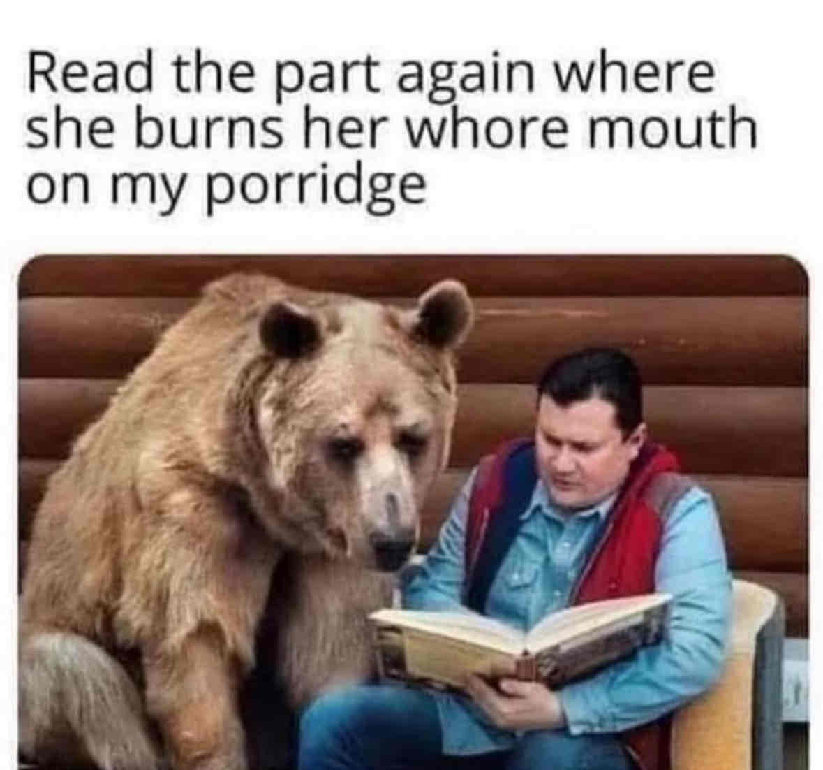 Man reading a book with a bear looking over his shoulder with text "Read the part again where she burns her whore mouth on my porridge"