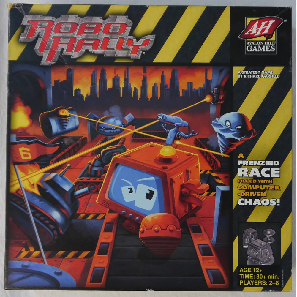 The box art for the board game Robo Rally featuring several robots of similar appearance to the original post.