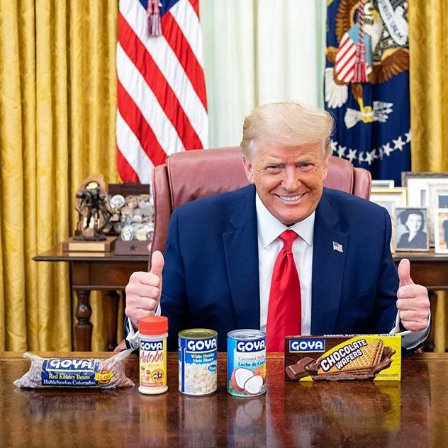 Trump advertising Goya beans on the Resolute Desk in the Oval Office