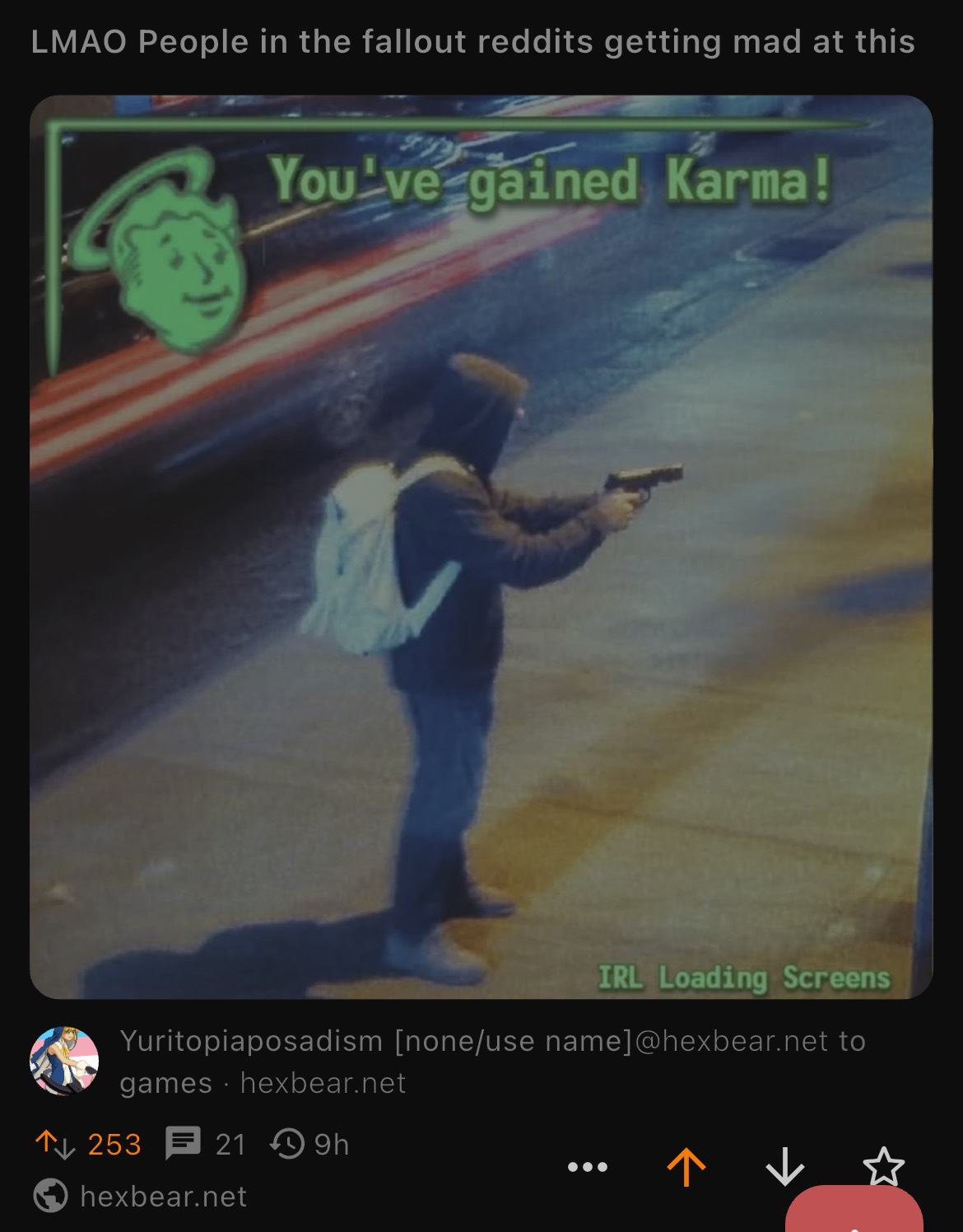 Screen shot of a post by user Yuritopiaposadism [none/use name]@hexbear.net in games.hexbear.net  with rhe title “LMAO People in the fallout reddits getting mad at this”. Pictured is Bryan Thompson’s mystery murderer pointing his gun with a Fallout screeen overlay saying, “You've gained Karma!” The picture is watermarked “IRL Loading Screens”.