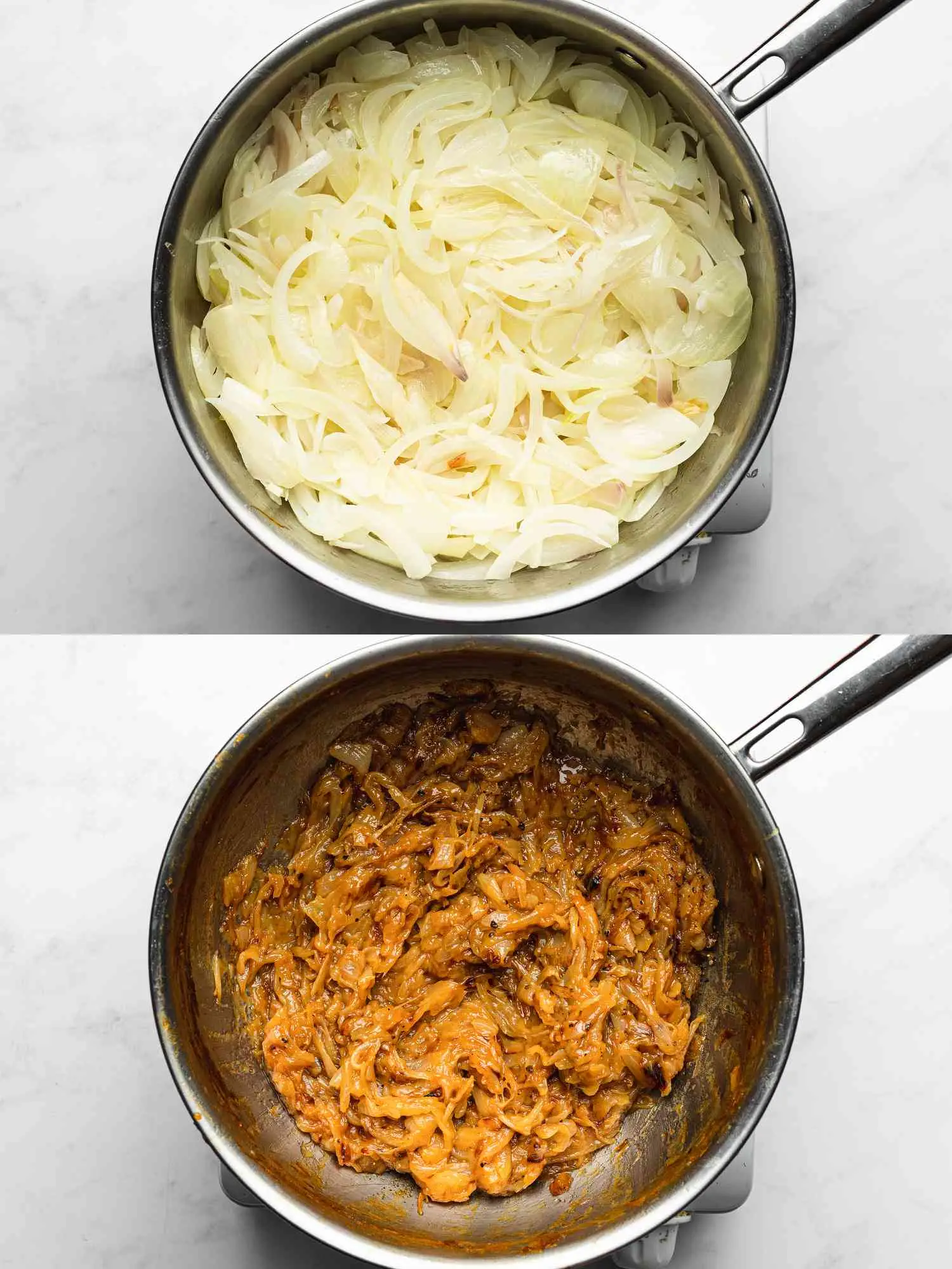 Onions raw to fully cooked for a french onion soup.