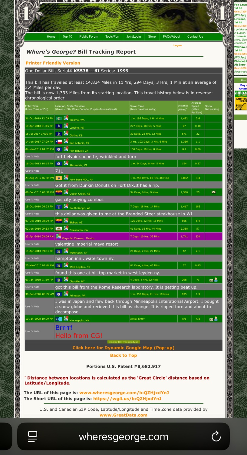Screenshot of Where’s George? website showing their most-entered bill