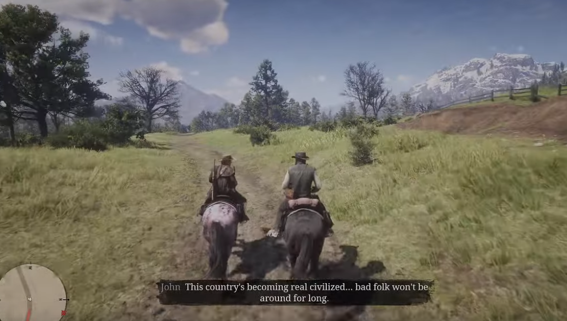 A capture from Red Dead Redemption 2 - Story circa 1907 - John saying "This country's beginning real civilized... bad folk won't be around for long"