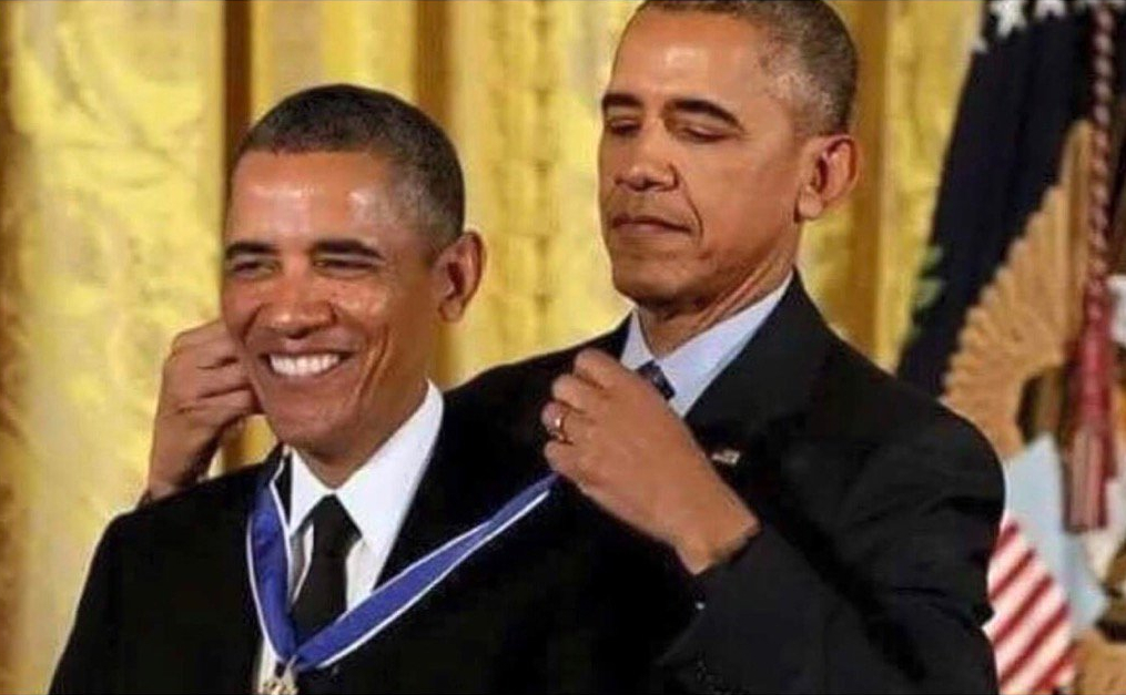 Obama giving the Medal of Honor to Obama meme