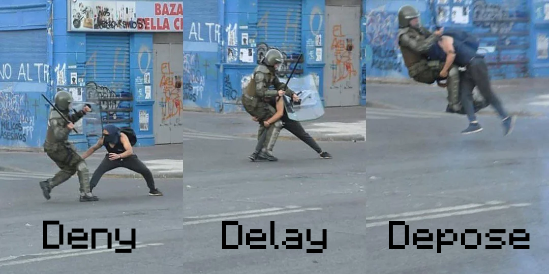3 frames of black block person doing a takedown of a riot cop. The frames are titled deny, delay, depose