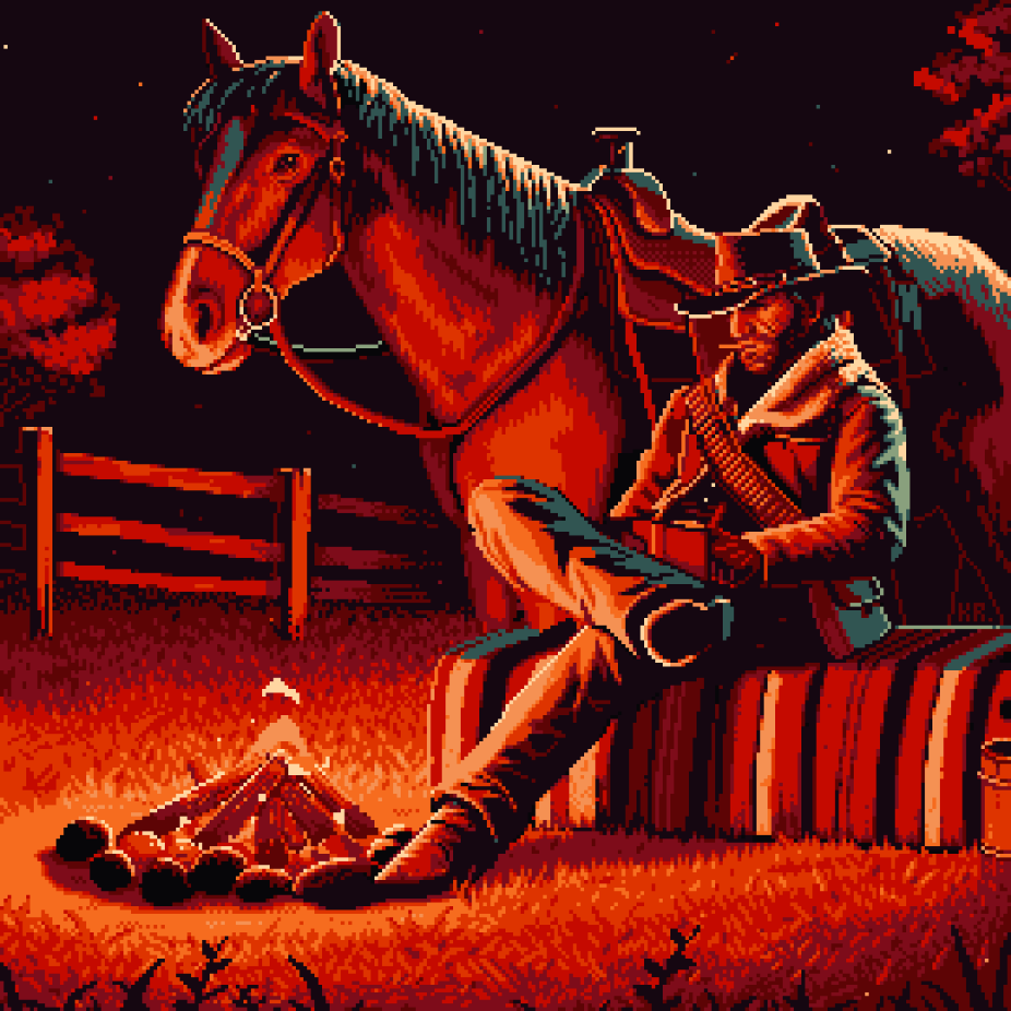 A cowbow writing next to a fire and coughing, a horse stands behind him