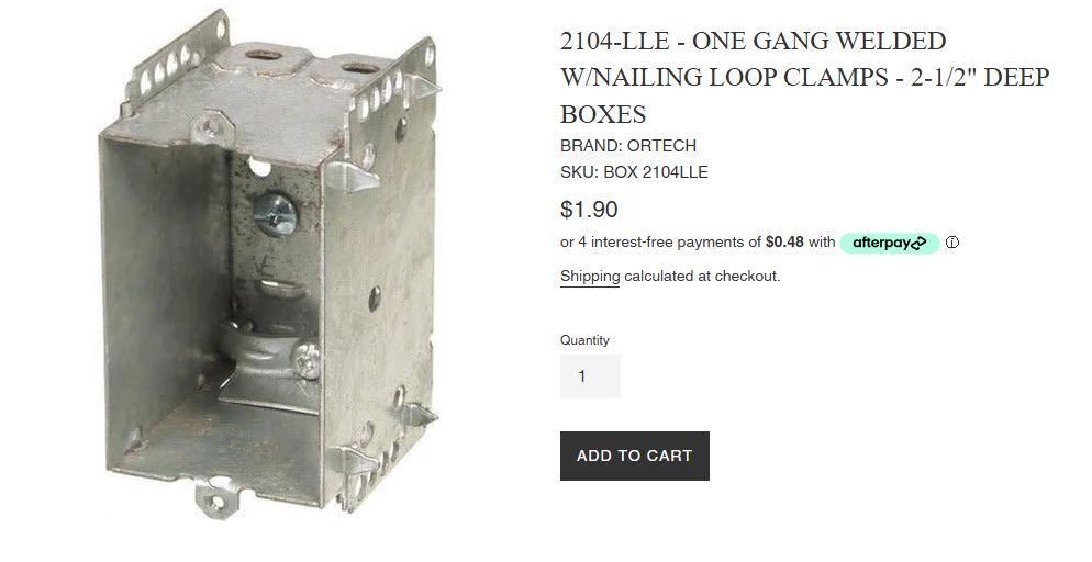 This is a picture of a single gang EMT box, which is the kind of electrical box that a light switch is mounted to. This one is $1.90 to purchase, and there is a stupid option to buy it on credit for "4 easy payments of $0.48"