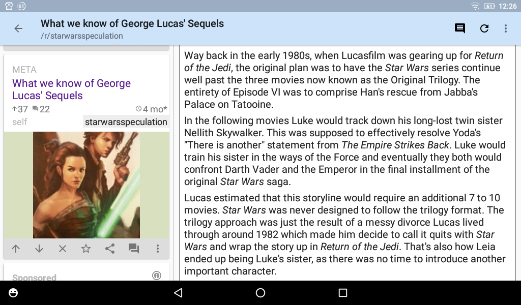 screenshot of a post on RiF showing Lucas's plan for Luke's sister to be nellith and they would confront Vader in the finale