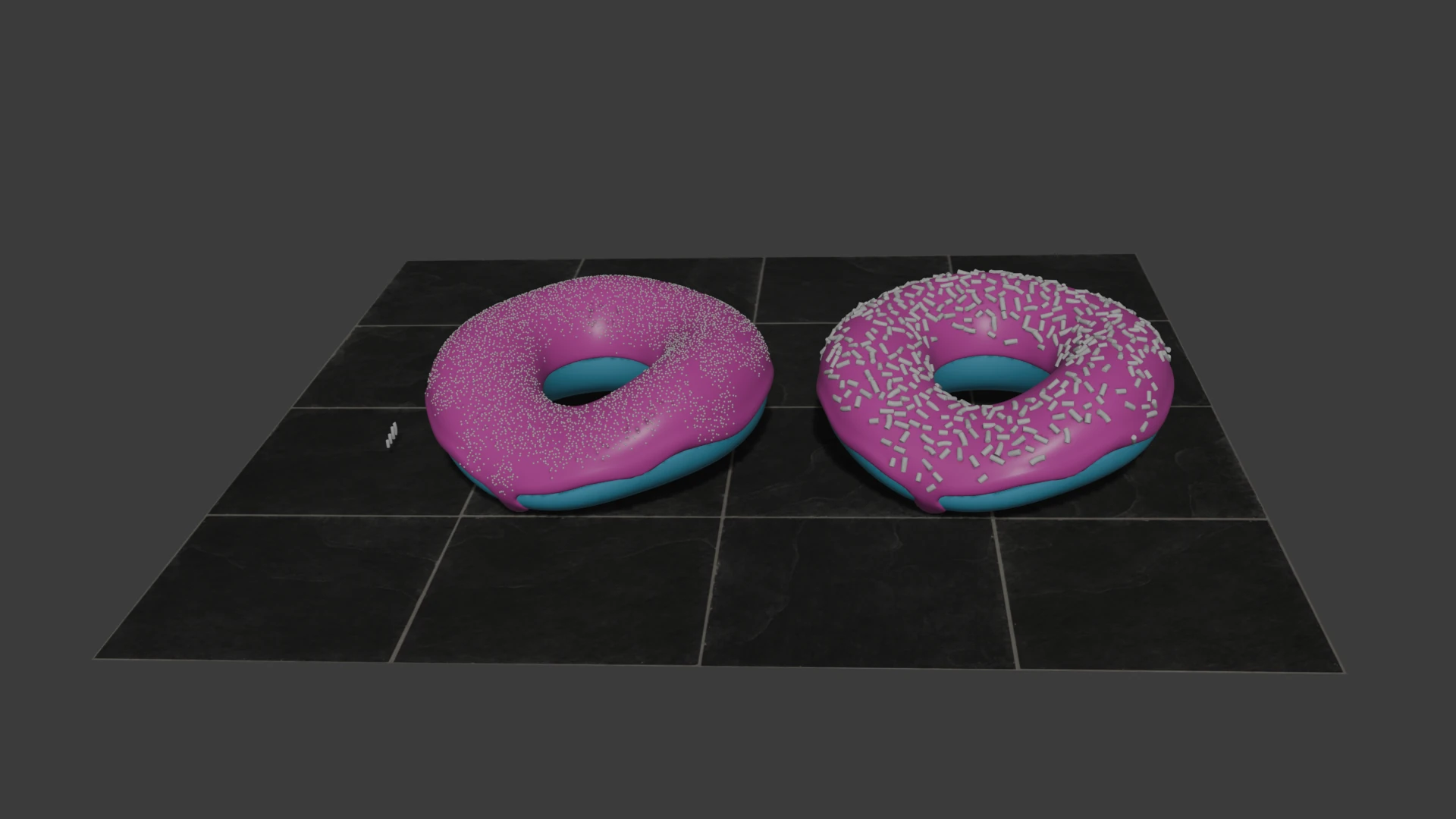 a blender render of two blue donuts with pink icing upon a set of floor tiles. The left donut has small spherical sprinkles and the right donut has longer cylindrical sprinkles of varying shapes and sizes.